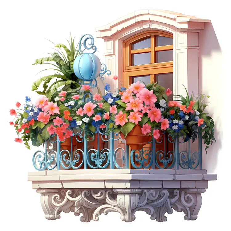 Artistic Balcony with Floral Arrangements
