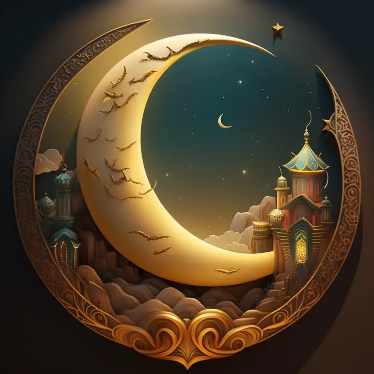 Crescent Moon with Islamic Architecture in Night Sky