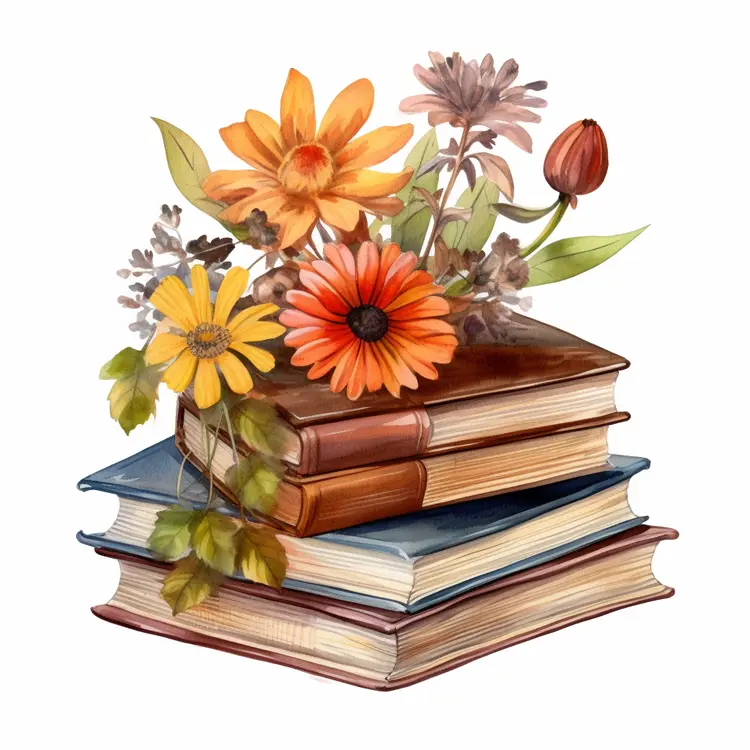 Stack of Books with Colorful Flowers