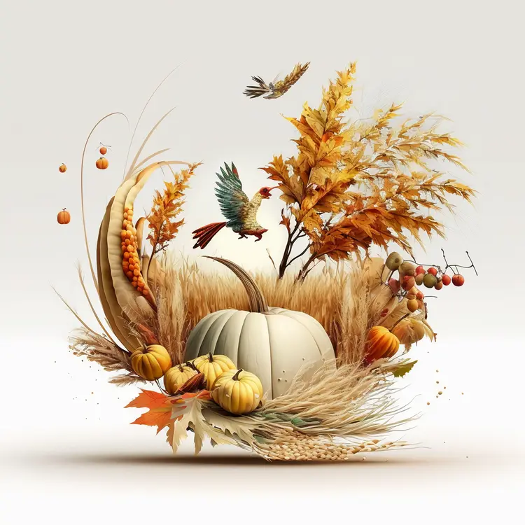 White Pumpkin with Autumn Leaves and Birds for Thanksgiving