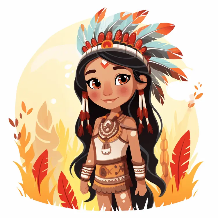 Cute Cartoon Girl with Native American Headdress