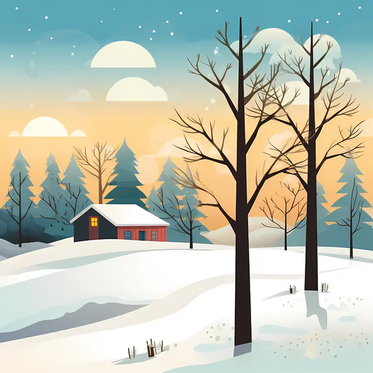 Winter House in Snowy Forest