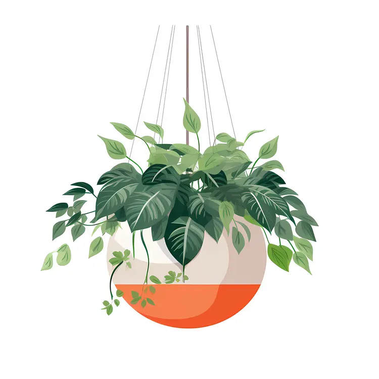 Green Hanging Plant in a White and Orange Pot