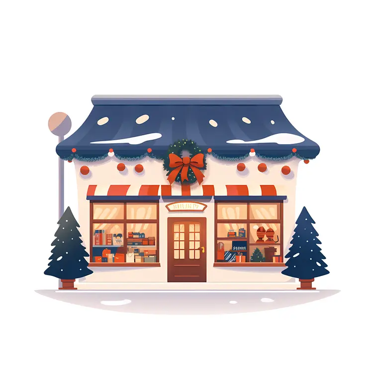 Festive Christmas Shop with Decorations and Trees