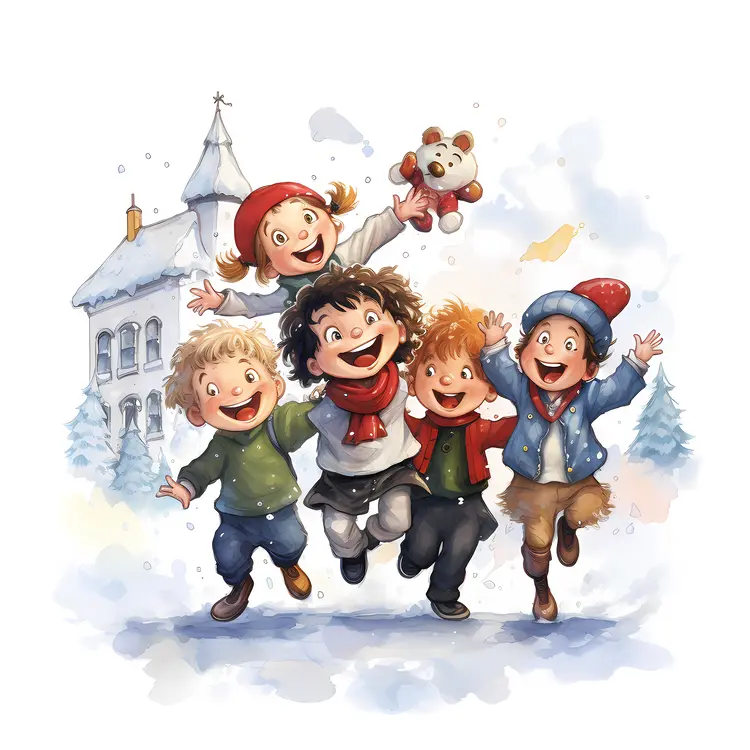 Happy Children Playing in Winter
