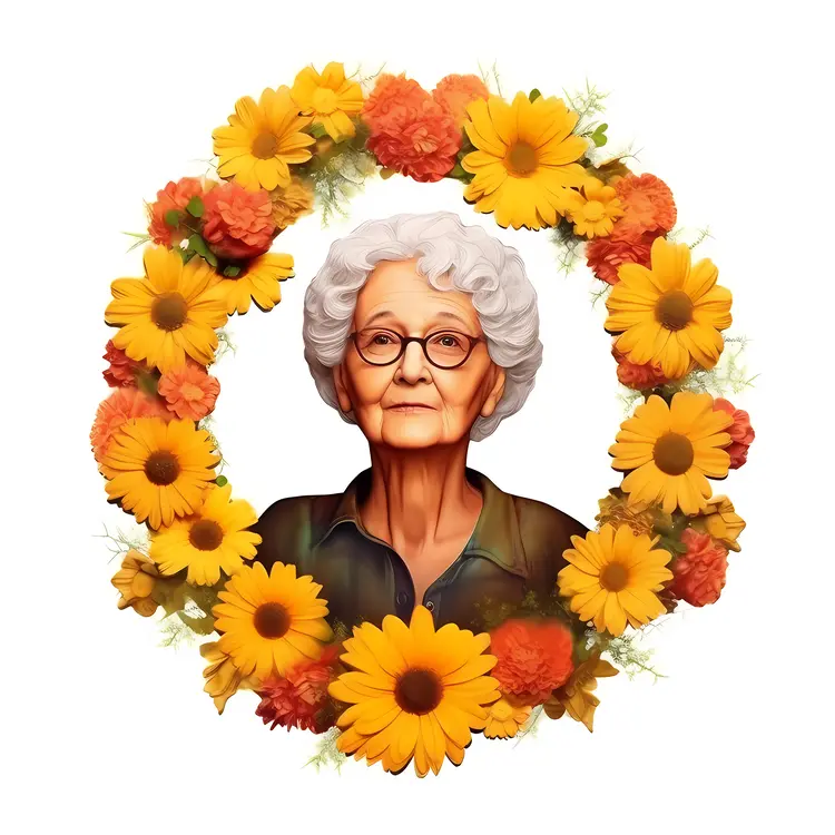 Elderly Woman Portrait in Floral Wreath