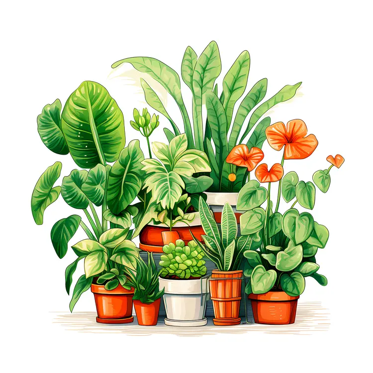 Lush Green Potted Plants with Orange Flowers