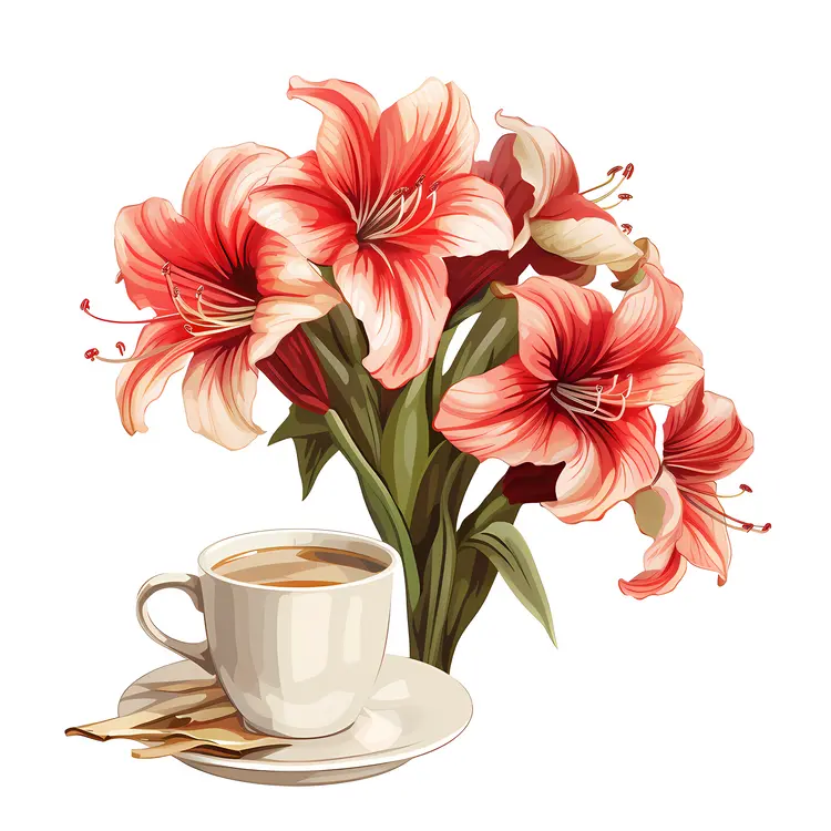 Coffee Cup with Red Flower Bouquet