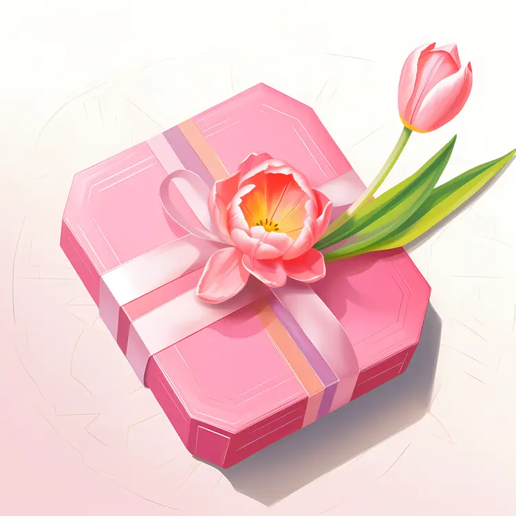 Pink Gift Box with Tulip and Ribbon