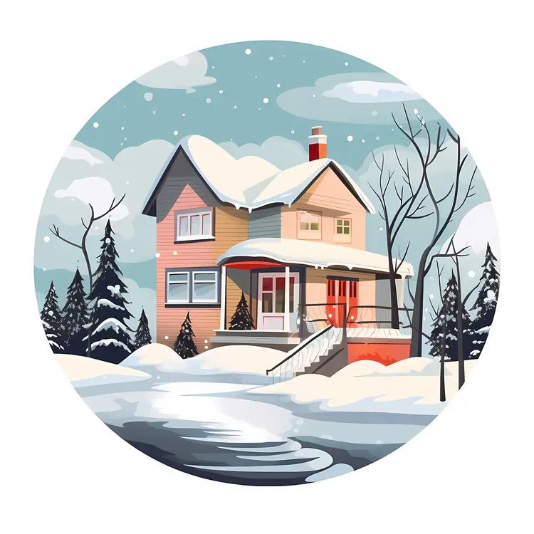 Snowy House with Porch in Winter