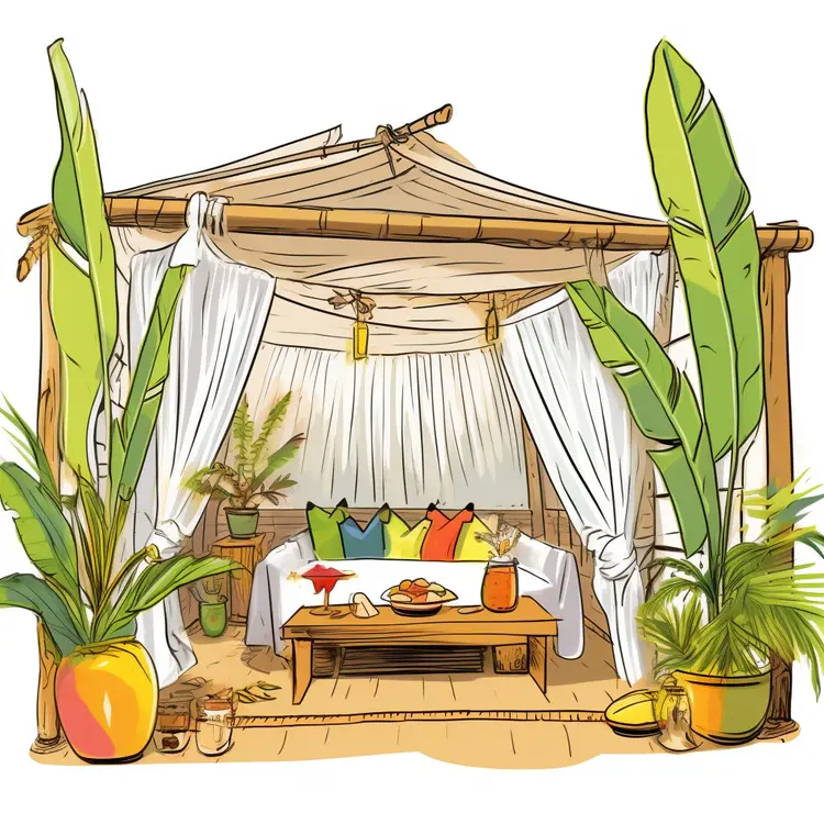 Cozy Tropical Cabana with Colorful Pillows