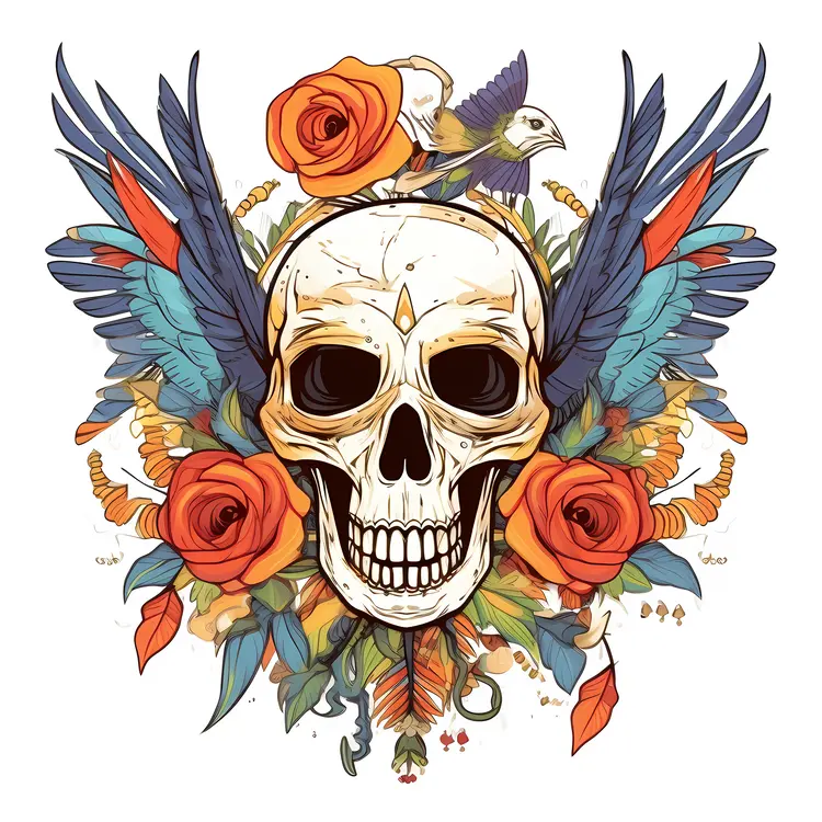 Colorful Skull with Roses and Wings Illustration