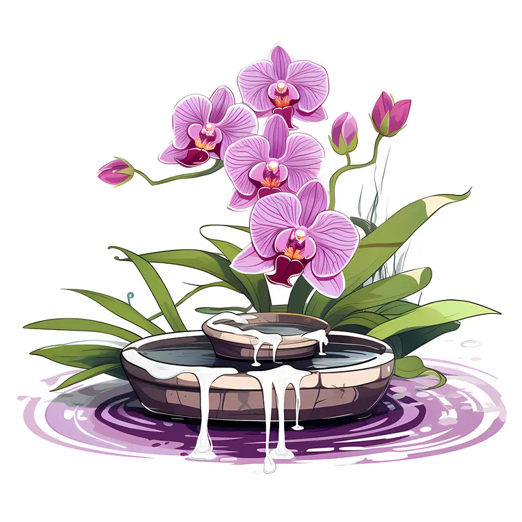 Pink Orchids on Stone Fountain