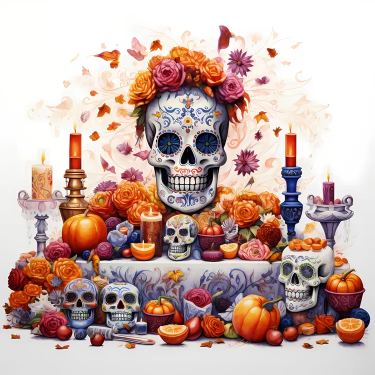 Decorated Skull with Candles and Pumpkins for Day of the Dead