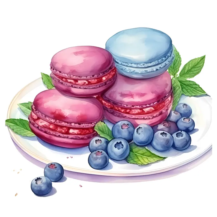 Colorful Macarons with Blueberries on a Plate