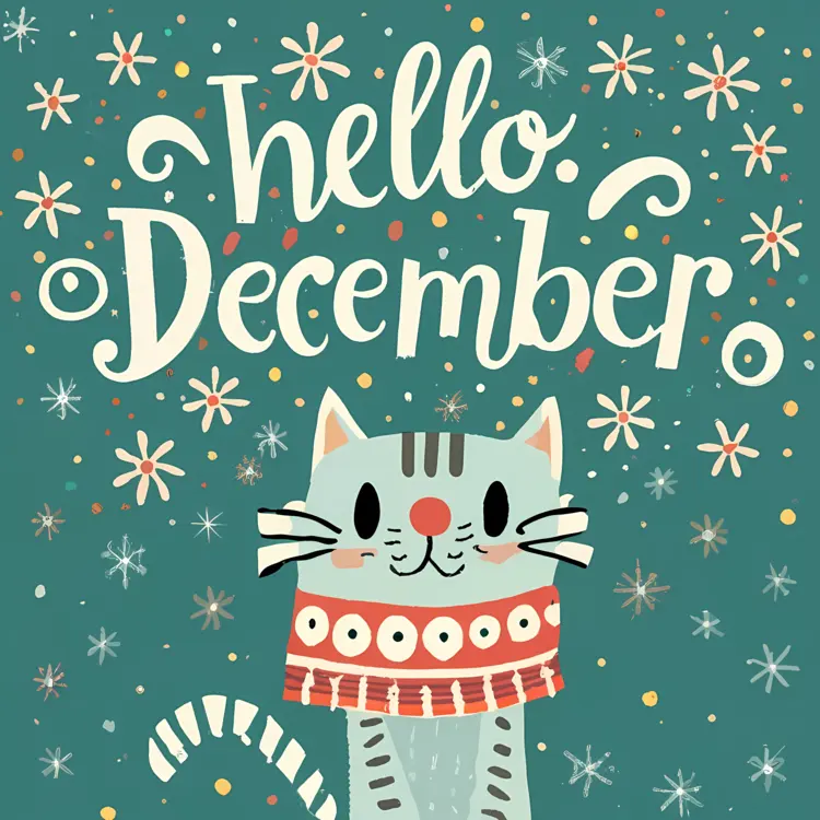 Hello December Text with Cat and Snowflakes