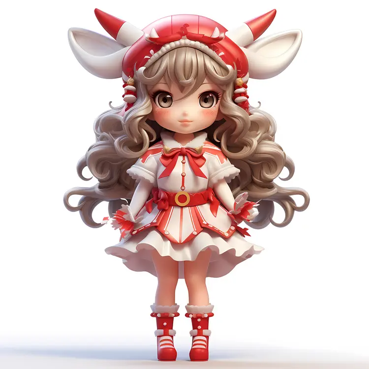Chibi Girl with Antlers in Red Christmas Dress