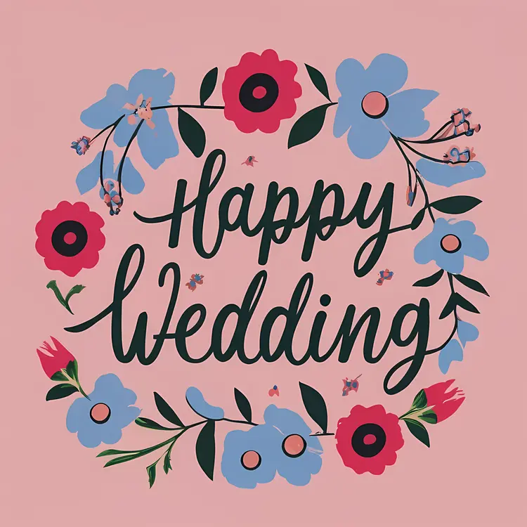 Happy Wedding Text with Flowers on Pink Background