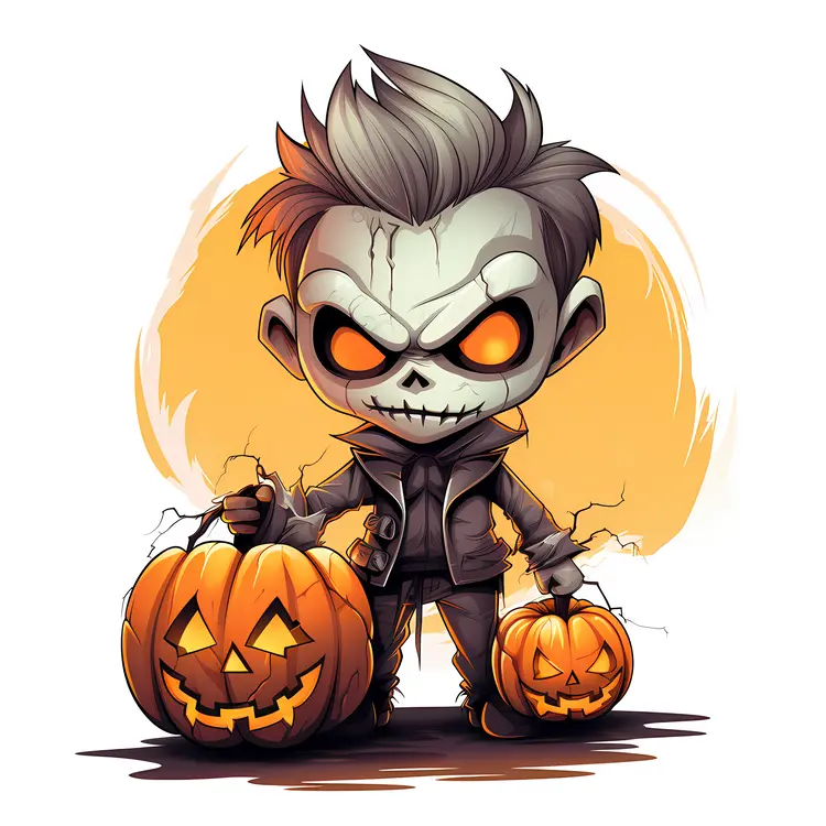 Skeleton Boy with Pumpkins for Halloween