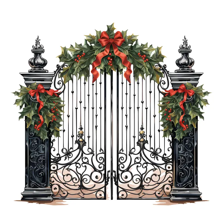 Decorated Gate with Christmas Wreaths