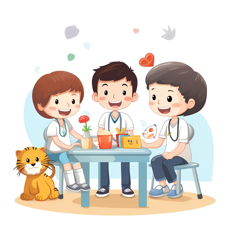 Kids at Table with Cat and Toys