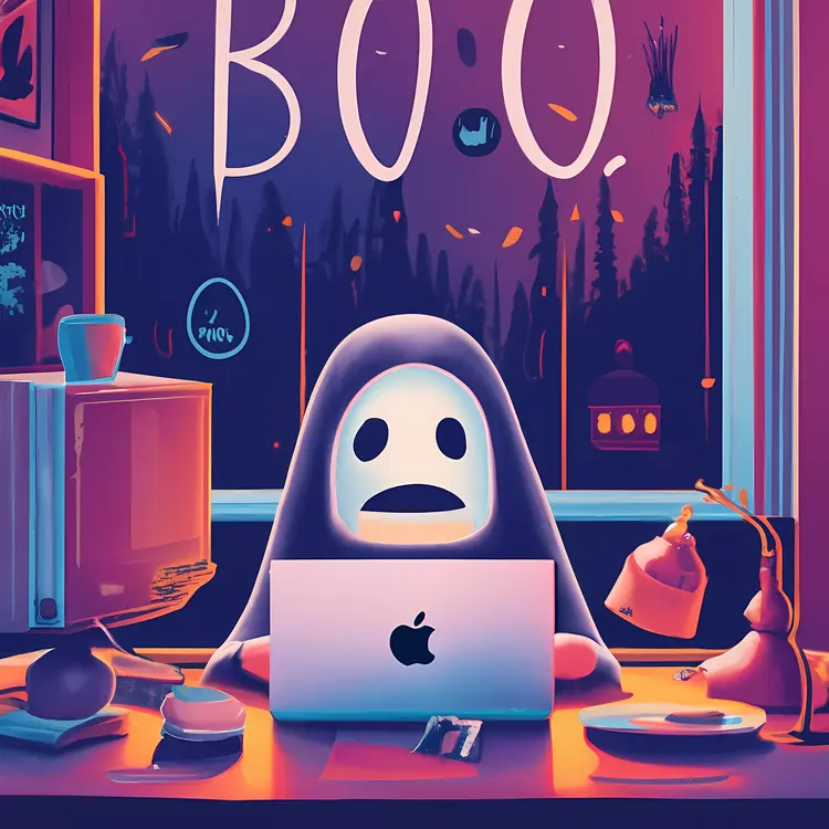 Ghost with Laptop and Boo Sign