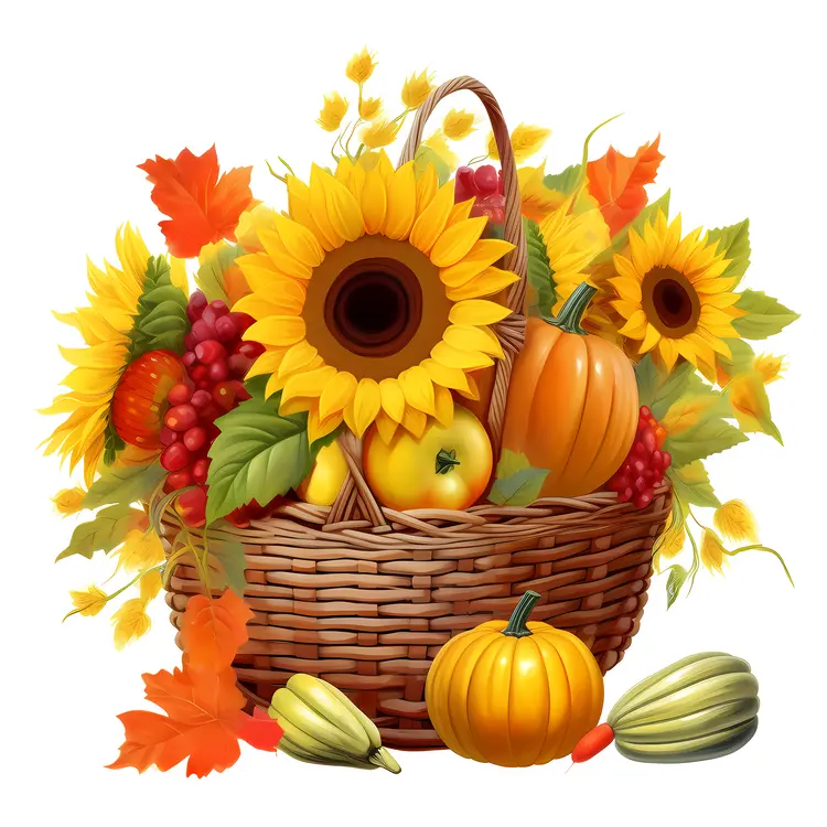 Basket with Sunflowers and Apples for Thanksgiving