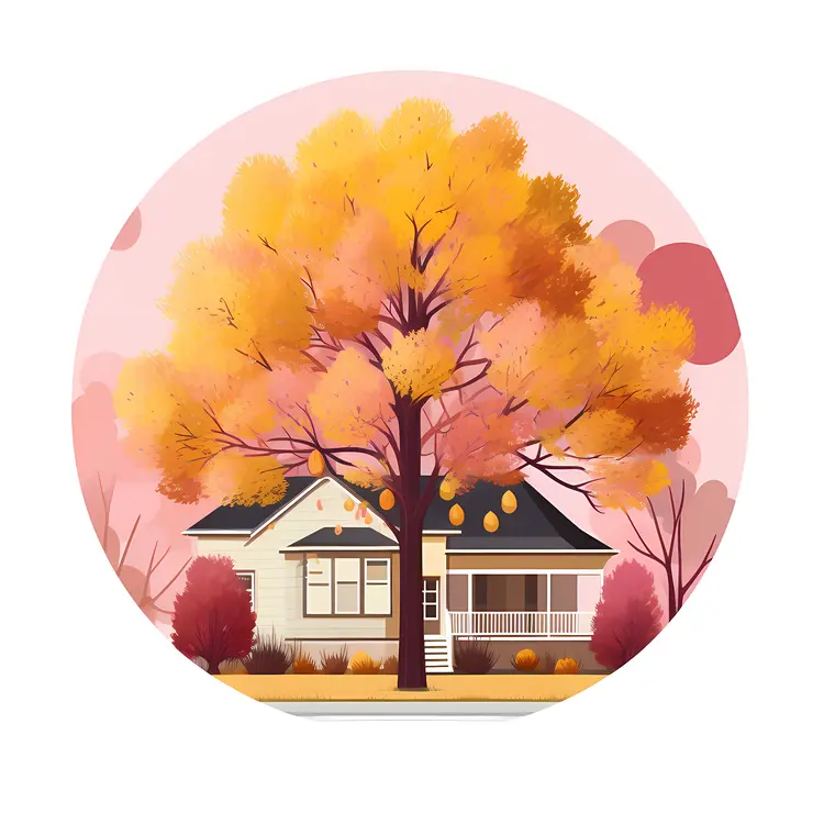 Small cute doodle house with autumn trees
