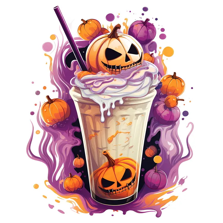 Halloween Milkshake with Pumpkins and Purple Swirls