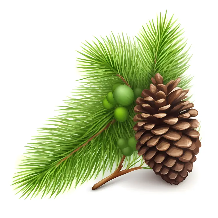 Pine Cone with Green Pine Needles and Berries