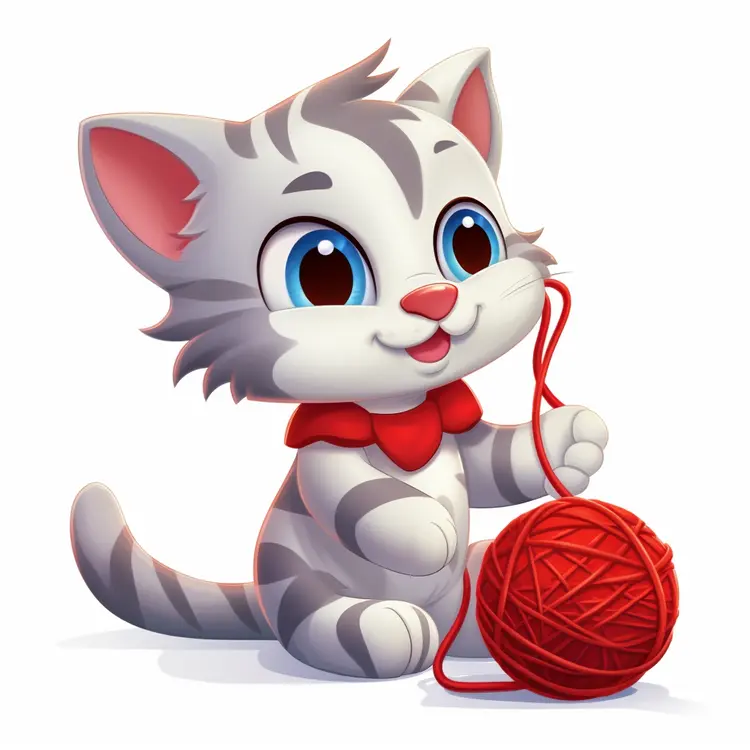 Cute Cartoon Kitten Playing with Red Yarn Ball