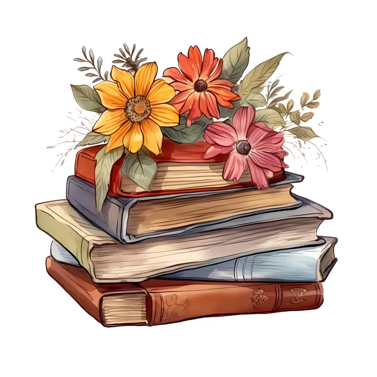 Stack of Books with Colorful Flowers