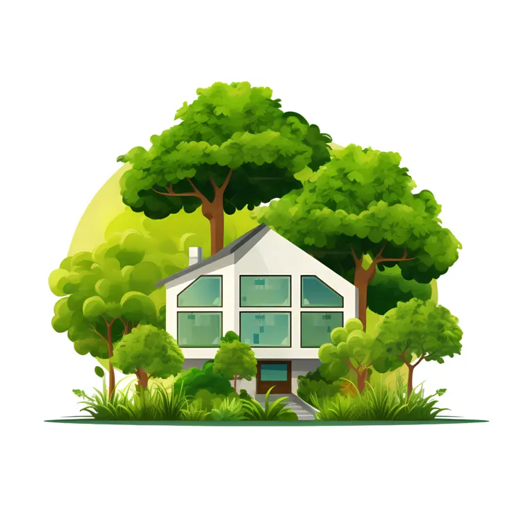 Small cute doodle house surrounded by trees