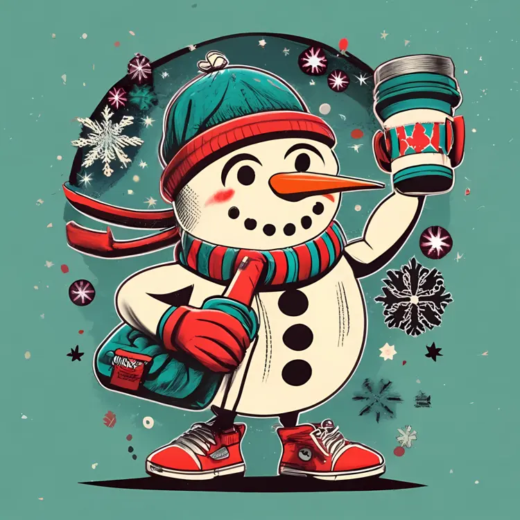 Snowman with Coffee Cup in Winter Wonderland