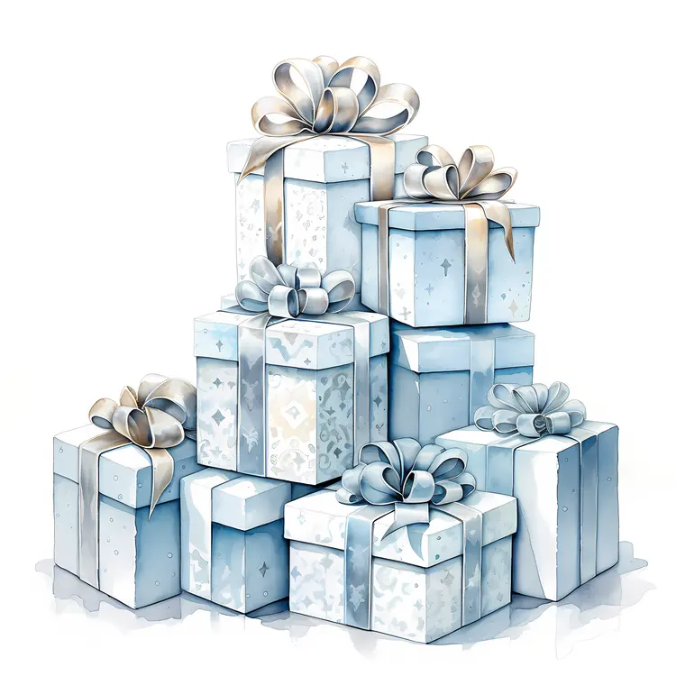 Tower of Blue Gift Boxes with Silver Ribbons