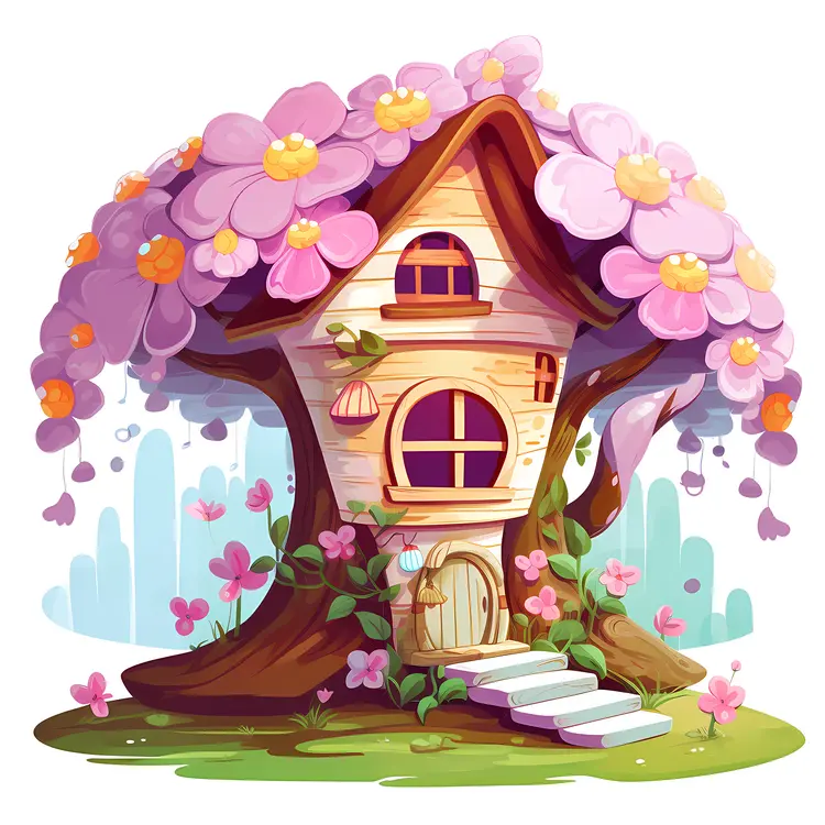 Whimsical Tree House with Flowers