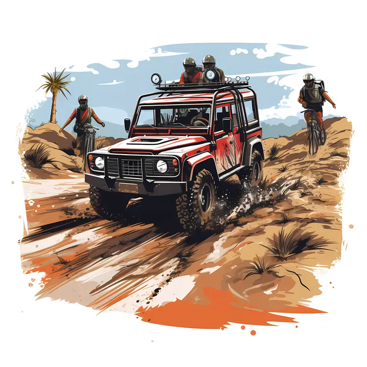 Off-road Vehicle with Bikers in Desert