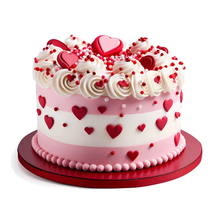 Heart-themed Cake with Pink Icing and Red Hearts