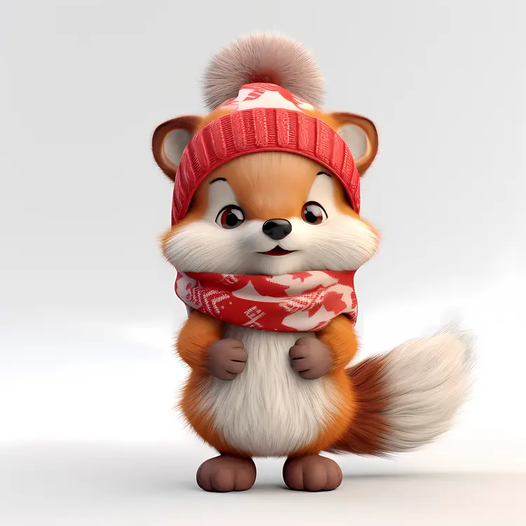Cute Fox in Red Winter Hat and Scarf