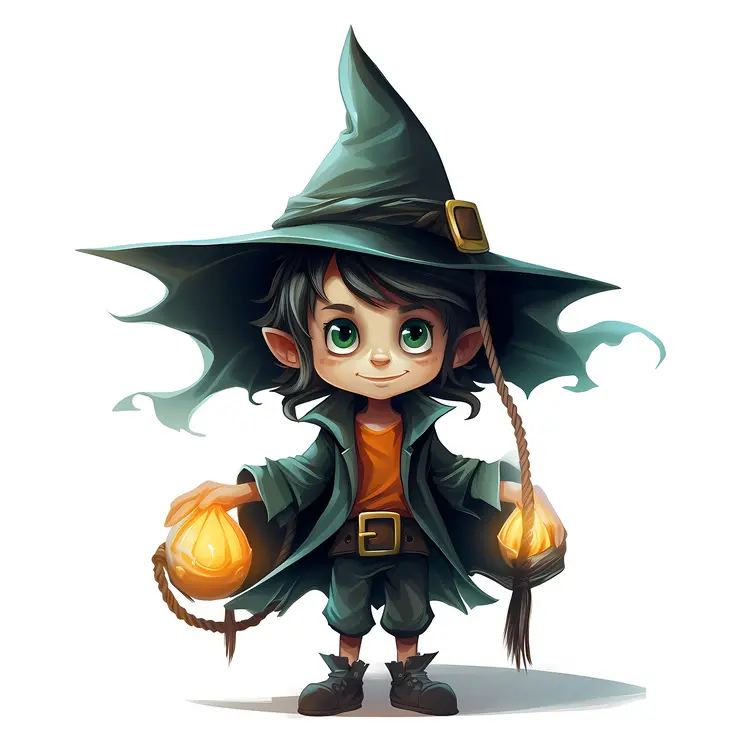 Cute Elf with Green Hat and Lanterns