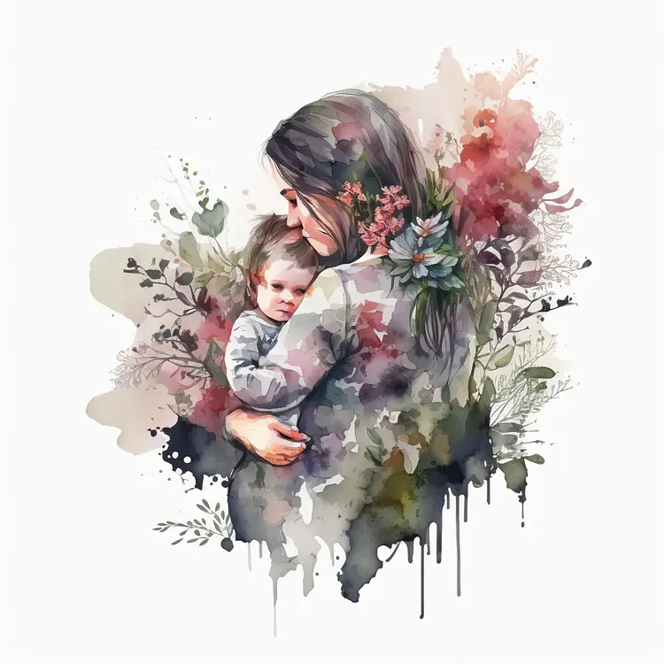 Watercolor Illustration of Mother and Child Embrace