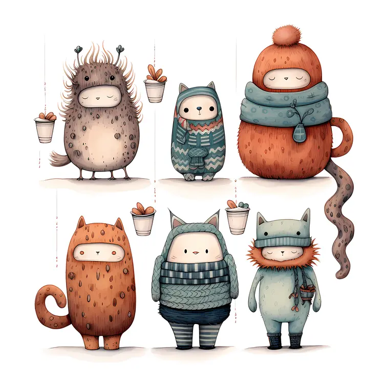 Cute Cartoon Monsters in Winter Clothing
