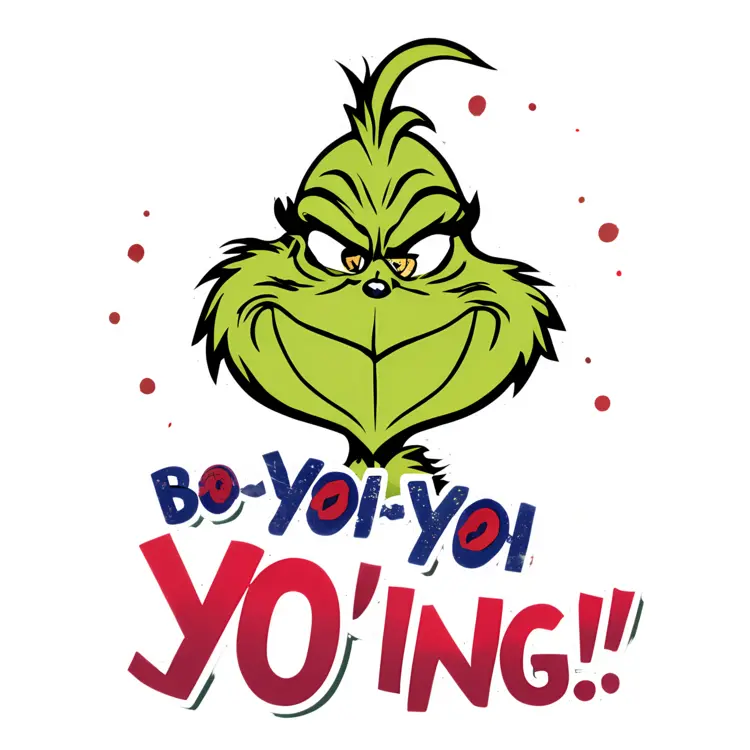 Grinch in Santa Hat with 'BO-YOI-YOI YO'ING!!' Text