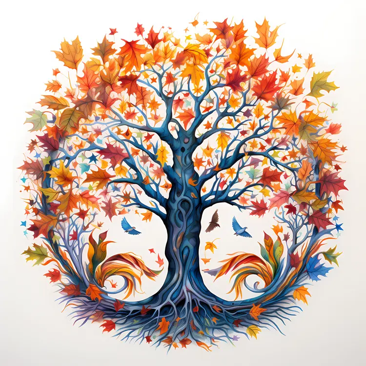 Autumn Tree with Colorful Leaves and Birds