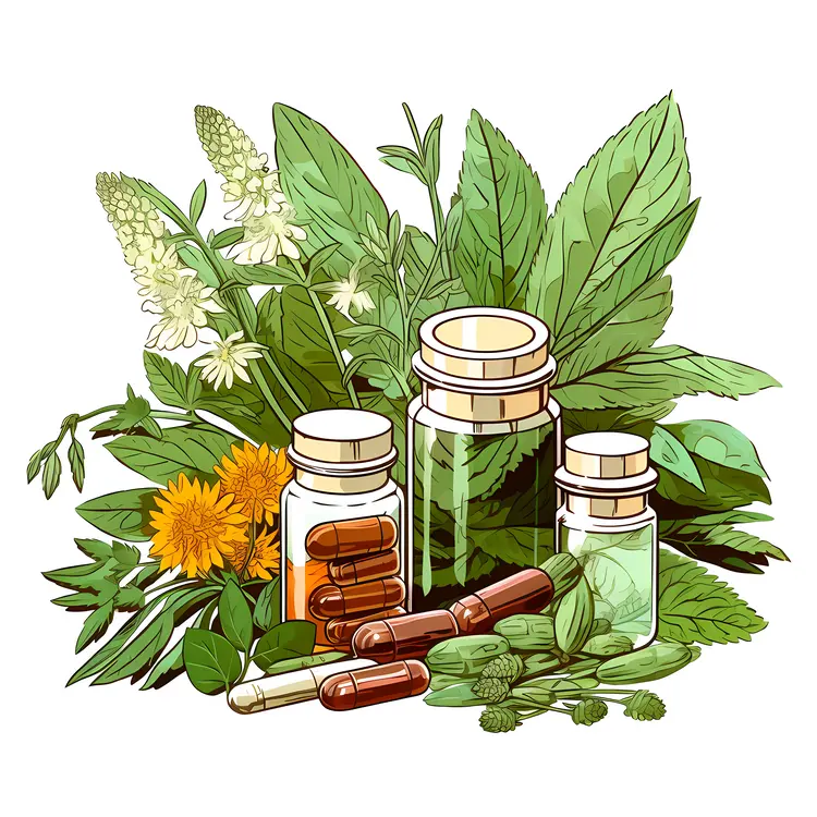 Herbal Medicine with Bottles and Capsules