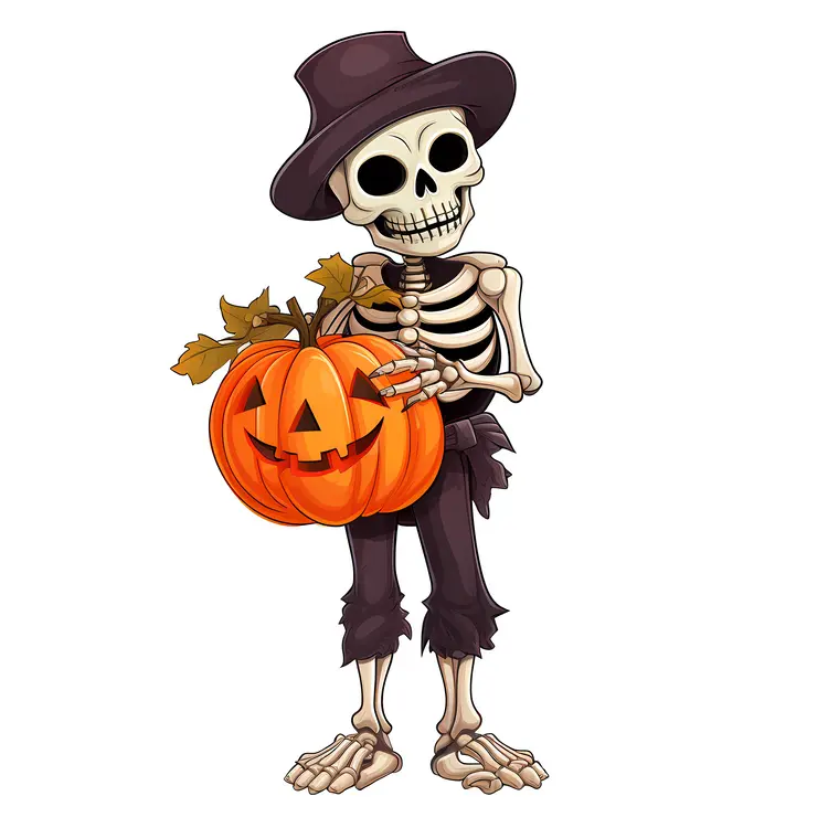 Skeleton with Pumpkin and Hat