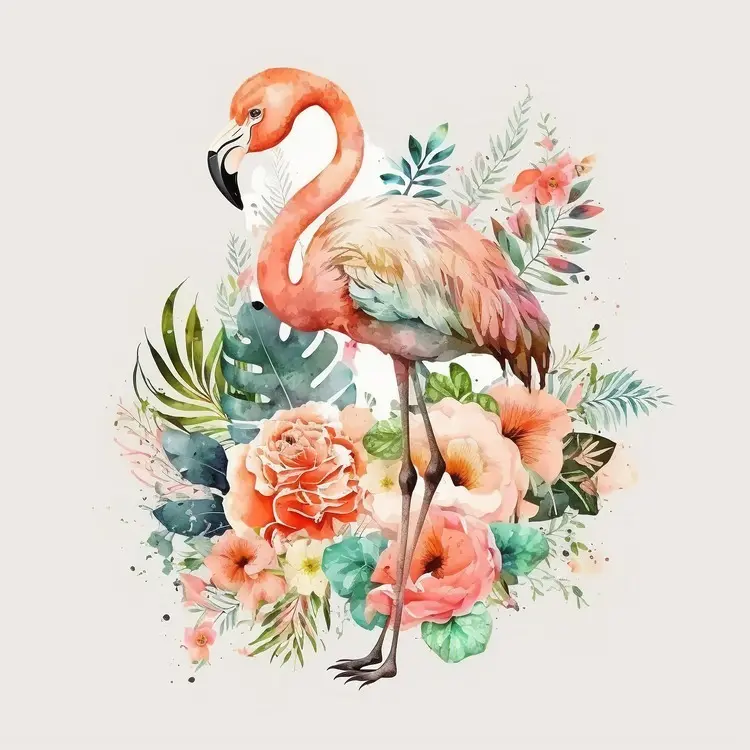 Watercolor Flamingo with Tropical Flowers