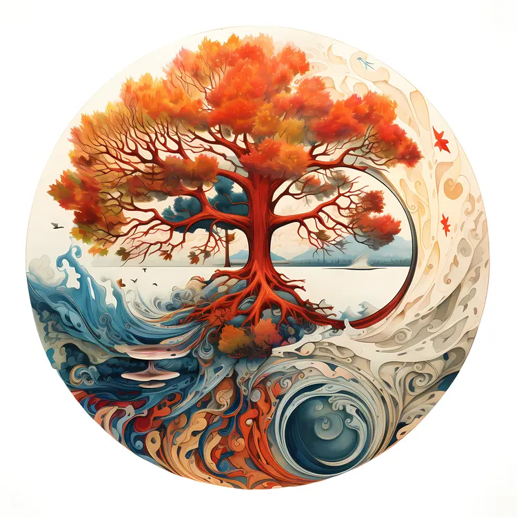 Tree with Autumn Leaves in a Circular Design