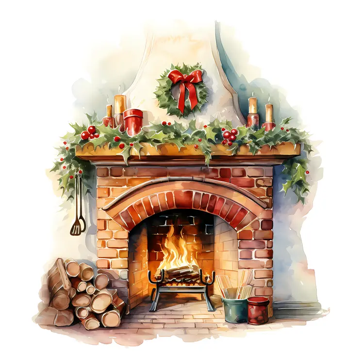 Rustic Christmas Fireplace with Logs and Garland