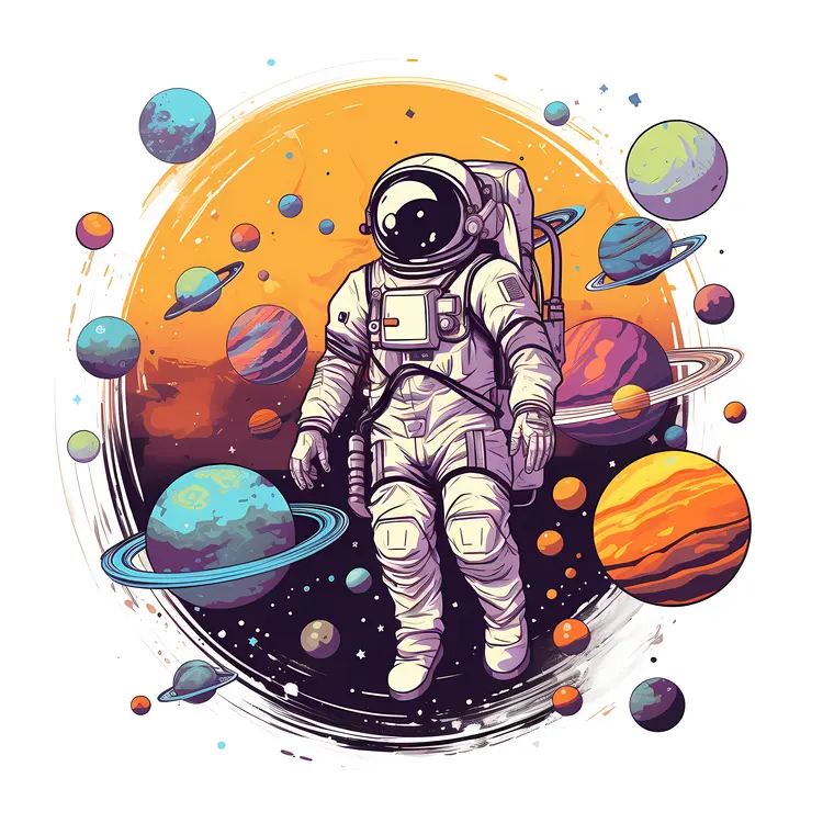 Astronaut Floating in Colorful Space with Planets